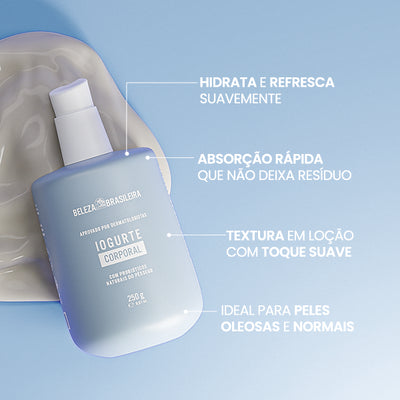 Com ativos poderosos, o Iogurte Hidratante Coporal da Beleza Brasileira garante hidratação com ação refrescante, rápida absorção, textura em loção que não deixa resíduo na pele.  Um banquete da Beleza Brasileira para a sua pele.