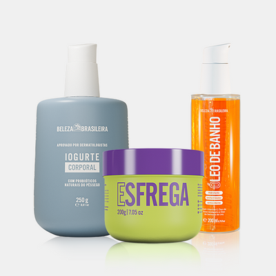 O Kit Trio Spa Refrescante da Beleza Brasileira garante uma rotina de cuidados completa e hidratante com a pele.  No banho, o Esfrega Esfoliante Hidratante de Banho proporciona uma esfoliação suave, sem agredir e que reduz bolinhas inflamadas na pele corporal. Ainda no banho, utilize o Óleo de Banho para proporcion uma limpeza suave, hidratante e perfumada. Já no pós banho, com a pele seca, o Iogurte Hidratante Corporal garante hidratação de até 48h, deixando sua pele macia, sequinha e firme.