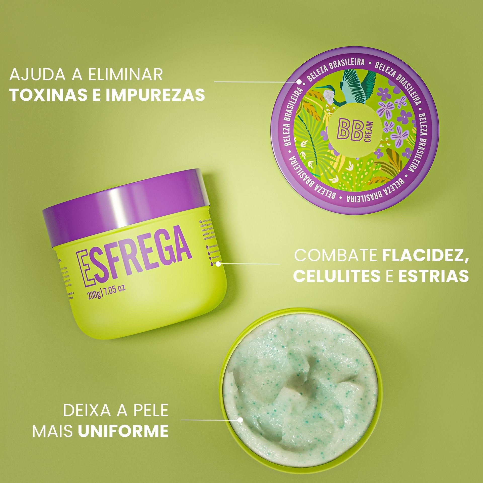 Esfrega é o esfoliante hidratante de banho da Beleza Brasileira com partículas pequenas, suaves e arredondadas que renovam a pele sem agredir ou danificar.