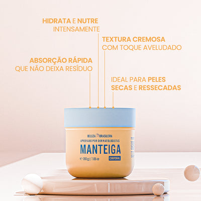 Com ativos poderosos, a Manteiga Hidratante Coporal da Beleza Brasileira garante hidratação profunda e nutritiva, rápida absorção, textura em creme com toque aveludado que não deixa resíduo na pele.  Um banquete da Beleza Brasileira para a sua pele.