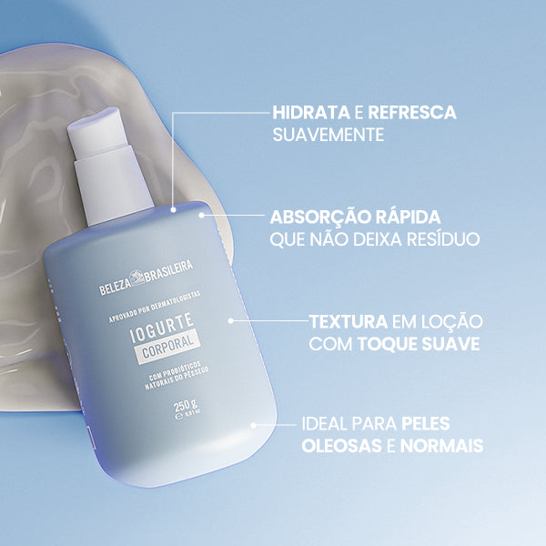 Com ativos poderosos, o Iogurte Hidratante Coporal da Beleza Brasileira garante hidratação com ação refrescante, rápida absorção, textura em loção que não deixa resíduo na pele.  Um banquete da Beleza Brasileira para a sua pele.