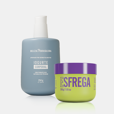 O Kit Dupla Refrescante, da Beleza Brasileira, oferece um combo perfeito para os seus cuidados com a pele. No banho, o Esfrega Esfoliante Hidratante de Banho proporciona uma esfoliação suave, sem agredir e que reduz bolinhas inflamadas na pele corporal. Já no pós banho, com a pele seca, o Iogurte Hidratante Corporal garante hidratação de até 48h, deixando sua pele macia, sequinha e firme logo após a aplicação. 