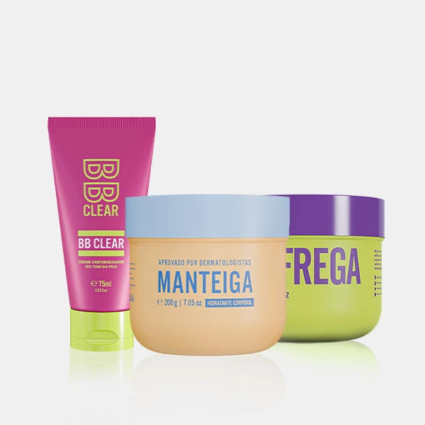 O Kit Pele Hidratada e Uniforme garante uma rotina de uniformização de manchas e marcas escuras e hidratante com a pele.  No banho, o Esfrega Esfoliante Hidratante de Banho proporciona uma esfoliação suave, sem agredir e prepara a pele para receber os próximos passos. No pós banho, use o BB Clear nas marcas e regiões escurecidas que quer uniformizar. Após isso, a Manteiga Hidratante Corporal garante hidratação profunda de rápida absorção, com ativos que recuperam a a barreira cutânea e estimulam o colágeno.
